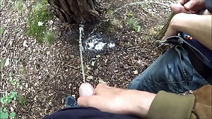 Two twink friends pissing on a tree in a forest
