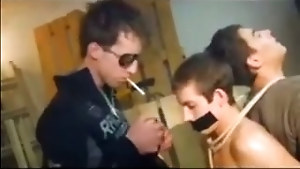 Horny twink fucks two tied up horny twink sex slaves